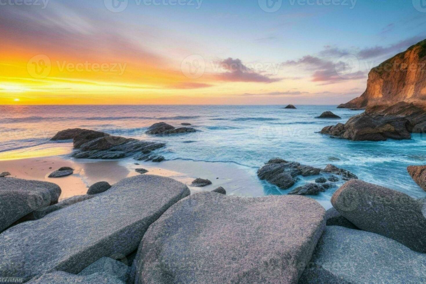 ai gerado lindo pedras em a de praia às pôr do sol. pró foto