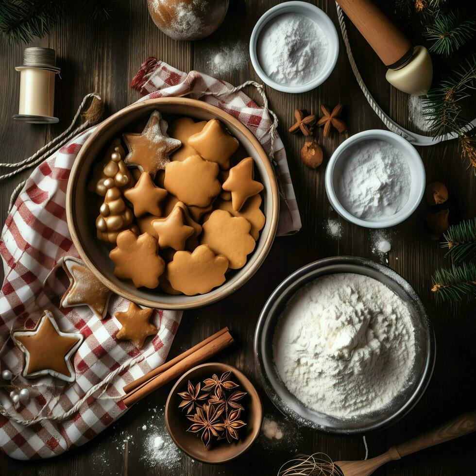 plano deitar do cozinhando caseiro Natal cozimento ingredientes ou Pão de gengibre biscoitos colocada em mesa conceito de ai gerado foto