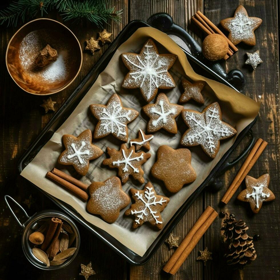 plano deitar do cozinhando caseiro Natal cozimento ingredientes ou Pão de gengibre biscoitos colocada em mesa conceito de ai gerado foto