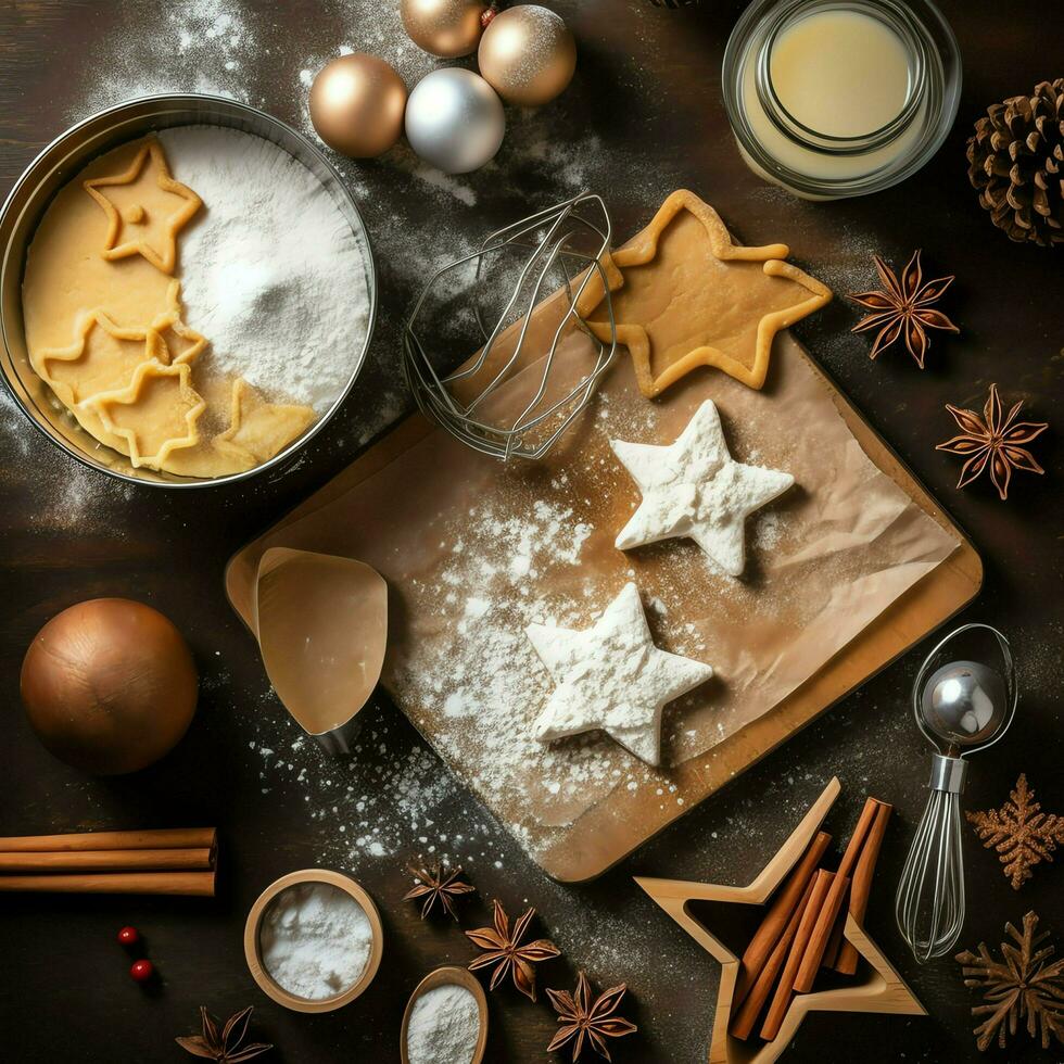 plano deitar do cozinhando caseiro Natal cozimento ingredientes ou Pão de gengibre biscoitos colocada em mesa conceito de ai gerado foto