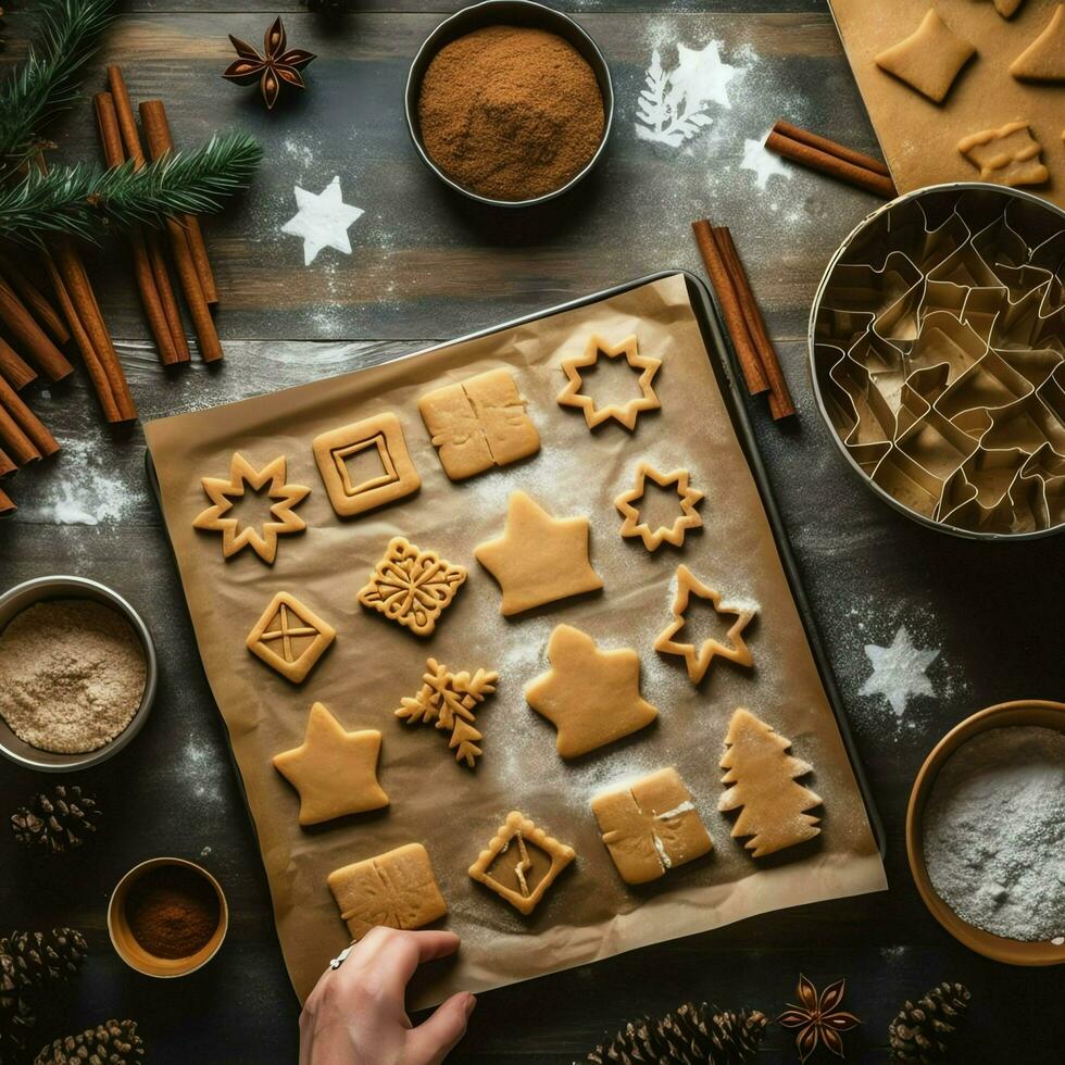 plano deitar do cozinhando caseiro Natal cozimento ingredientes ou Pão de gengibre biscoitos colocada em mesa conceito de ai gerado foto