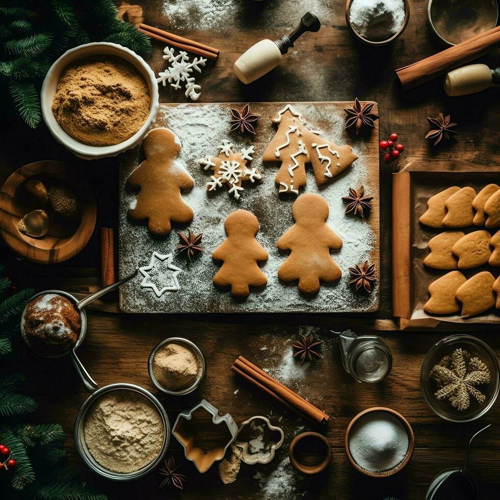 plano deitar do cozinhando caseiro Natal cozimento ingredientes ou Pão de gengibre biscoitos colocada em mesa conceito de ai gerado foto
