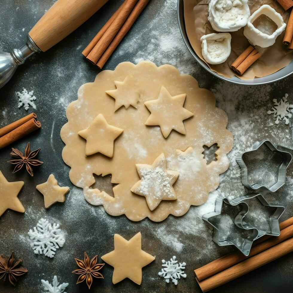 plano deitar do cozinhando caseiro Natal cozimento ingredientes ou Pão de gengibre biscoitos colocada em mesa conceito de ai gerado foto