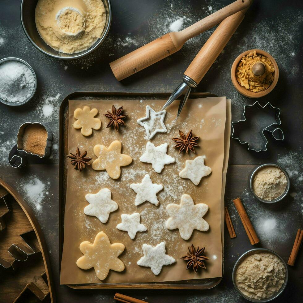 plano deitar do cozinhando caseiro Natal cozimento ingredientes ou Pão de gengibre biscoitos colocada em mesa conceito de ai gerado foto