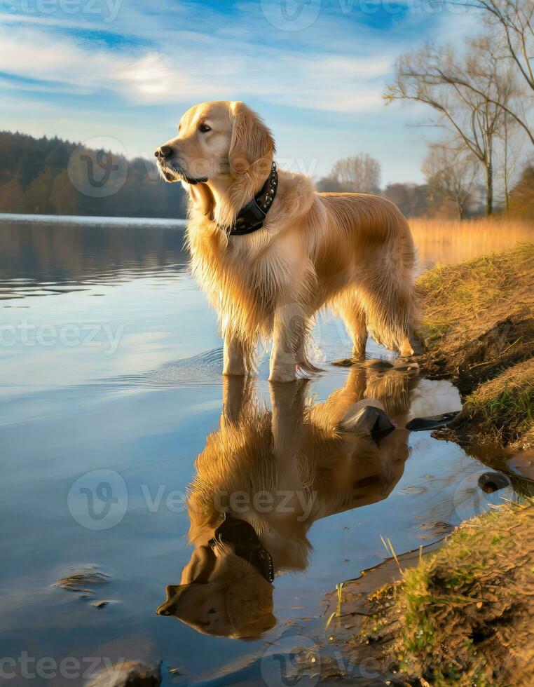 majestoso dourado retriever desfrutando natureza de a lago com céu e nuvens reflexão foto