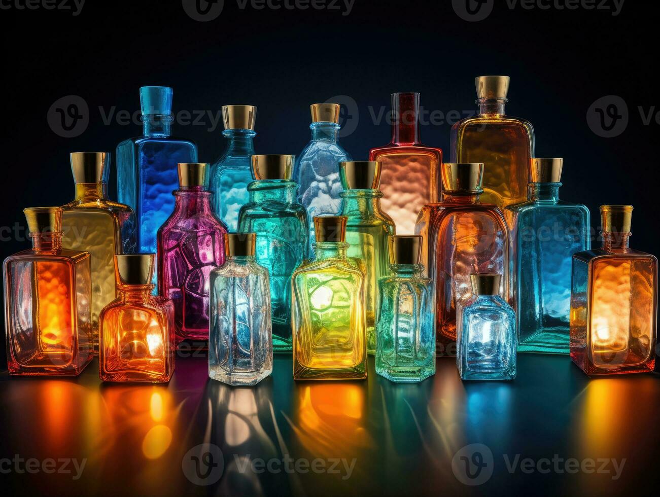 ai gerado garrafas para perfumes e cosméticos, diferente cores e tamanhos. brincar foto