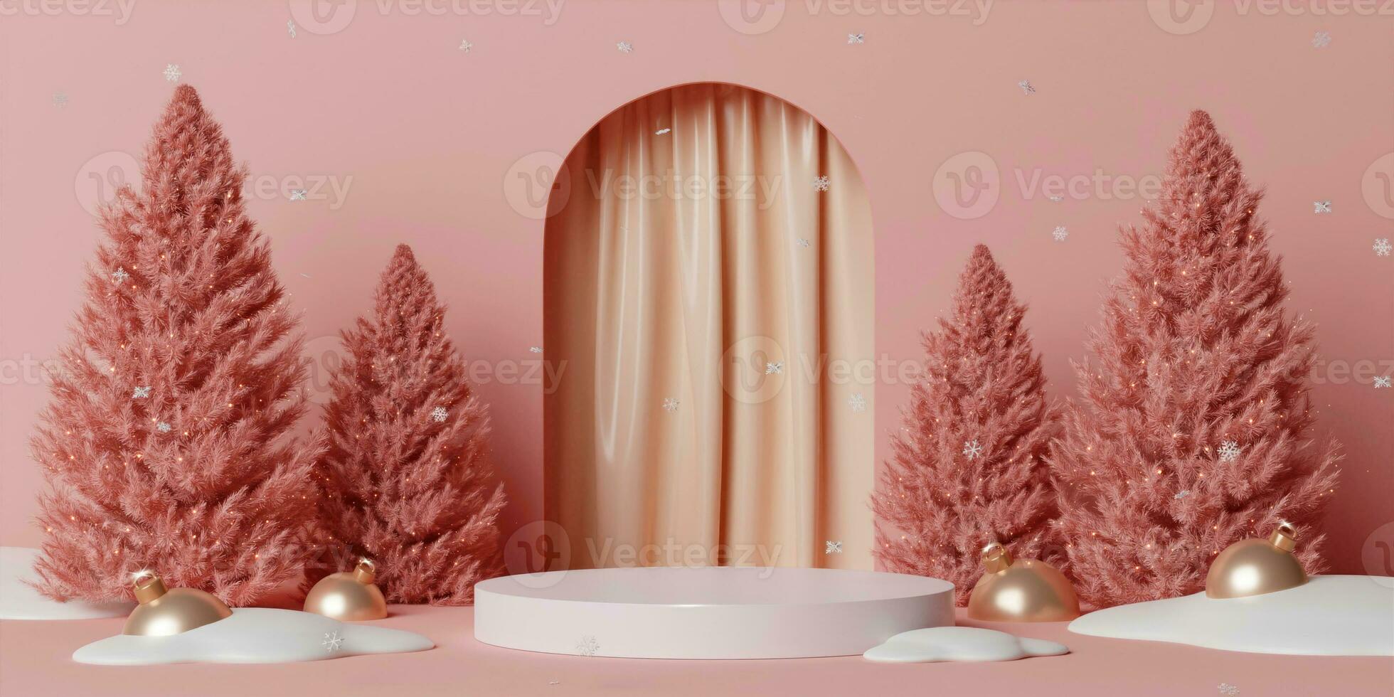 3d Natal árvore pódio. realista 3d com Projeto etapa pódio. decorativo festivo elementos vidro bugiganga bolas. natal feriado modelo pódio. foto