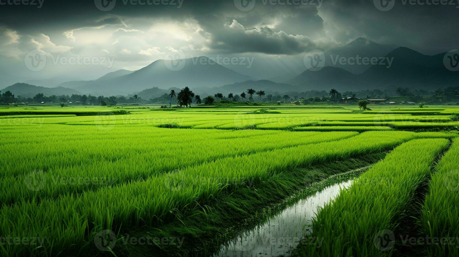 ai gerado verde arroz Campos dentro a chuvoso estação lindo natural cenário foto