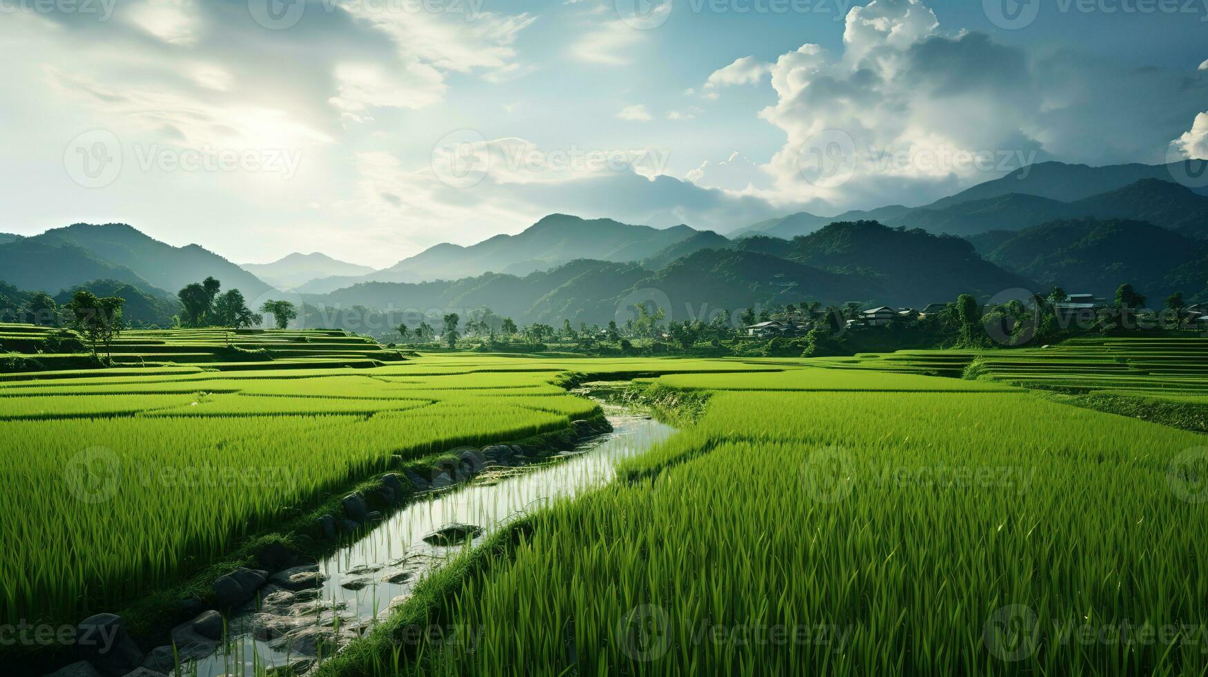 ai gerado verde arroz Campos dentro a chuvoso estação lindo natural cenário foto