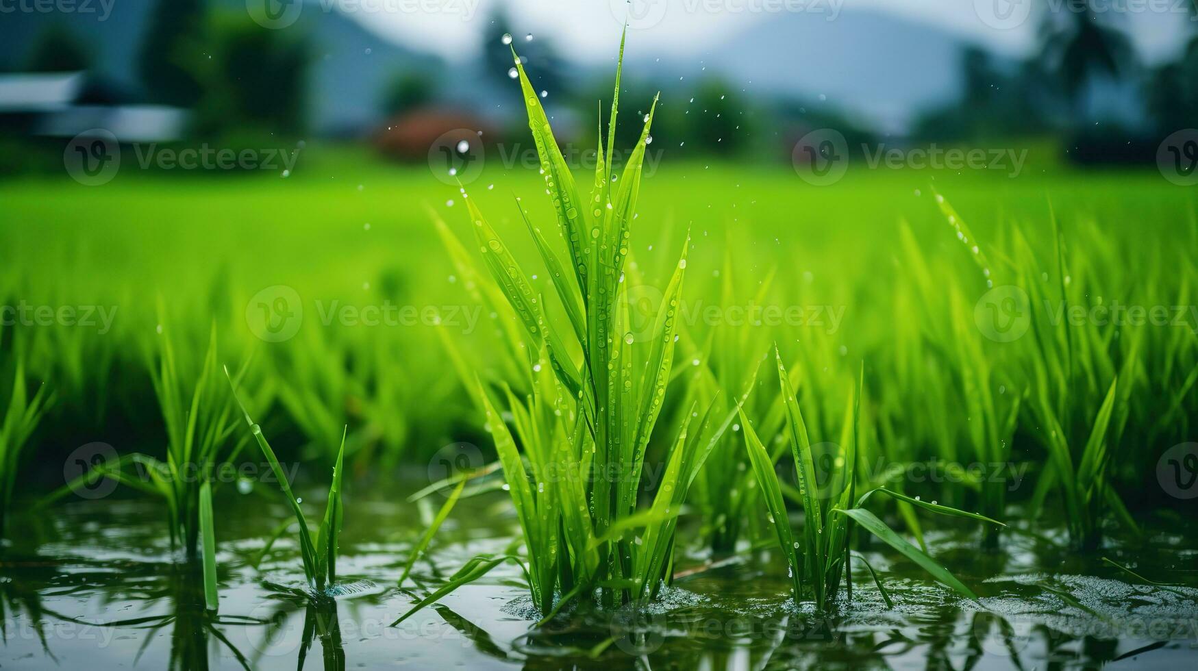 ai gerado verde arroz Campos dentro a chuvoso estação lindo natural cenário foto