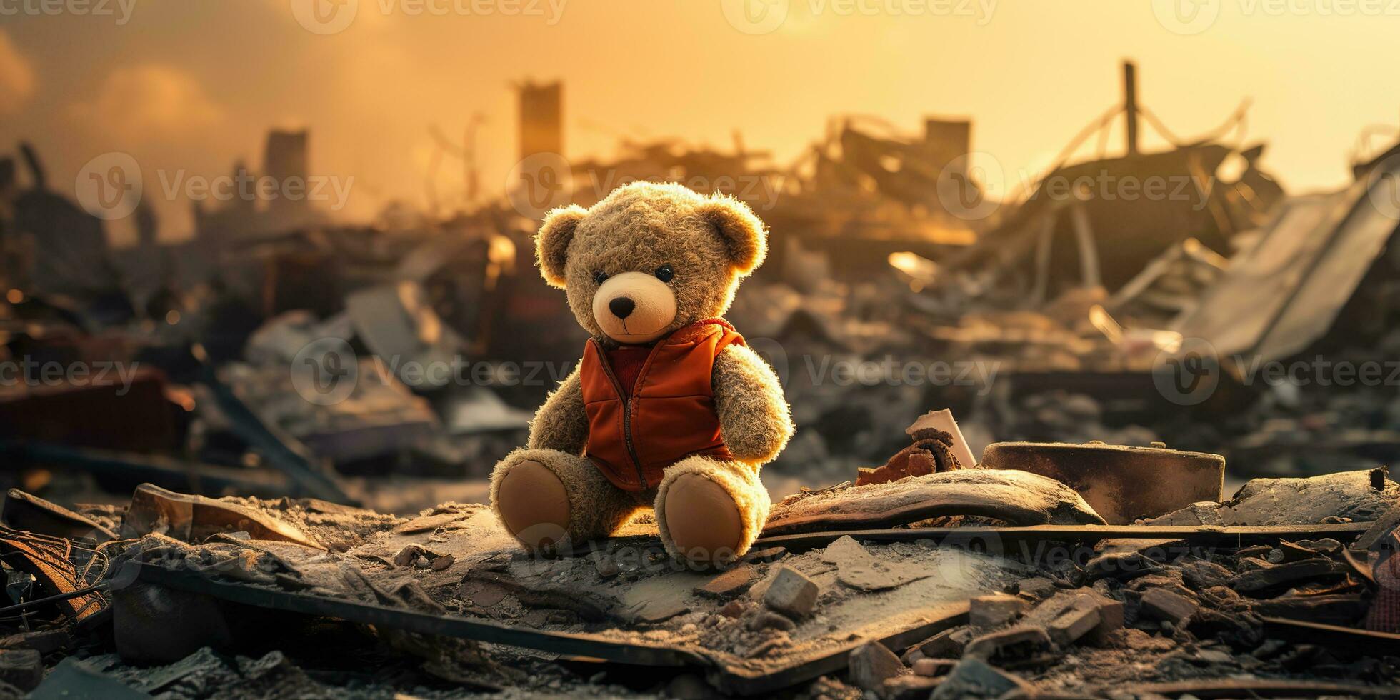 ai gerado crianças Urso de pelúcia Urso brinquedo sobre cidade queimado destruição do a conseqüência guerra conflito foto