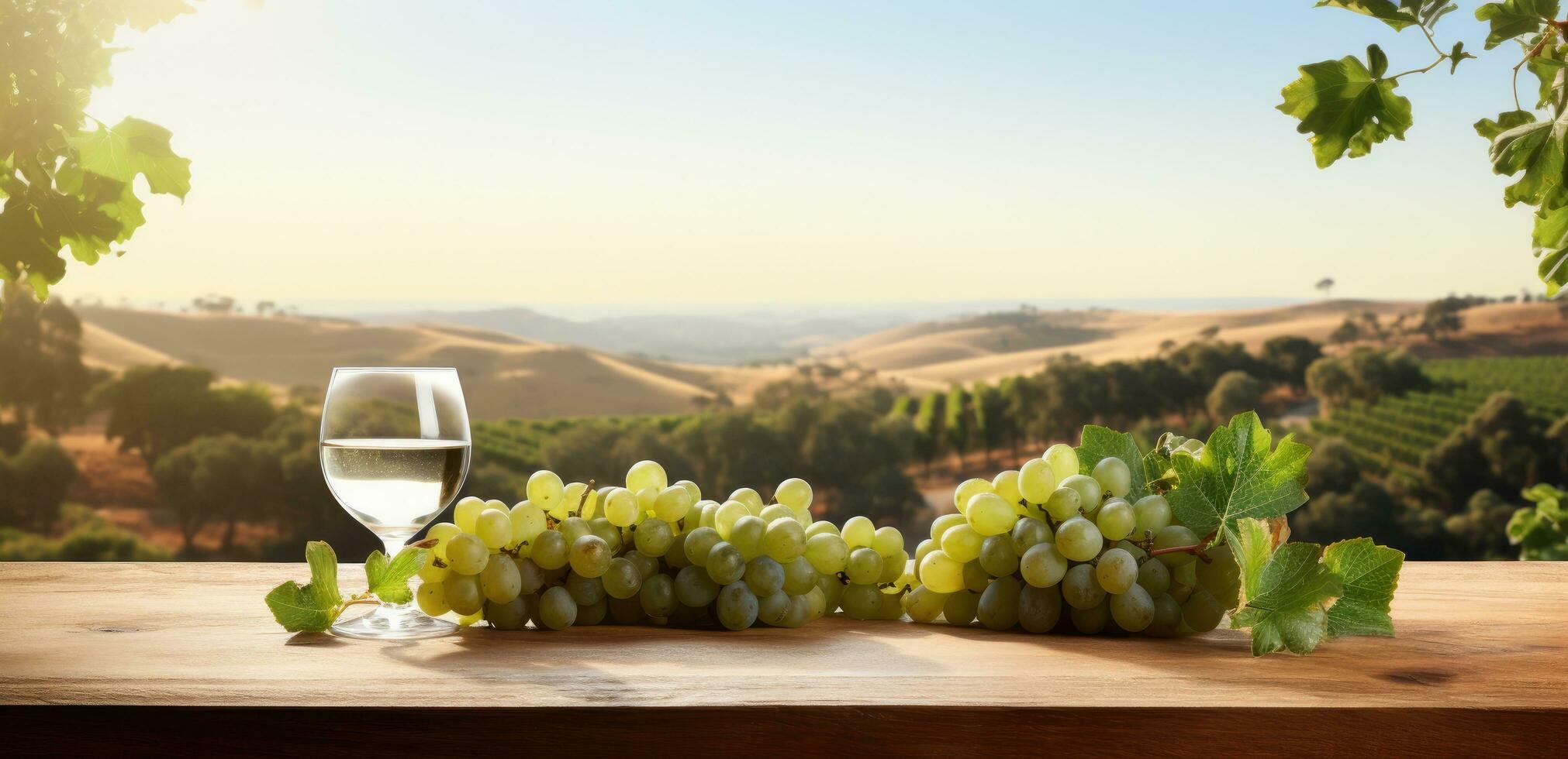 ai gerado uma branco mesa e óculos em a mesa com vinho e uvas foto