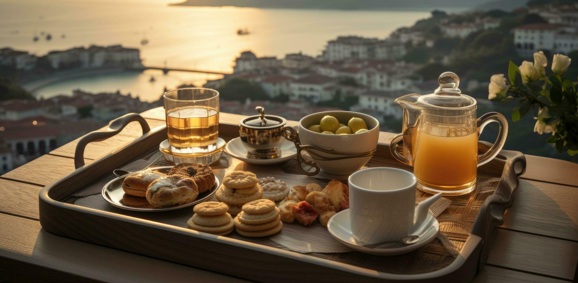 ai gerado uma bandeja cheio do chá e pastelaria dentro cama foto