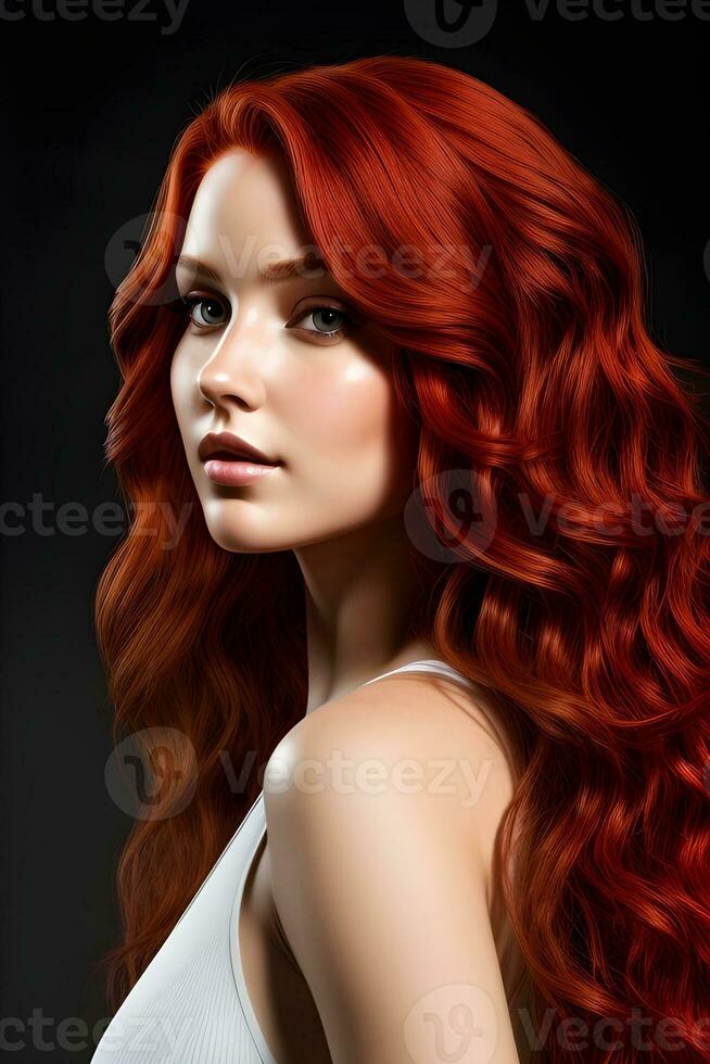 ai gerado retrato do uma lindo mulher com grandes vermelho cabelo foto