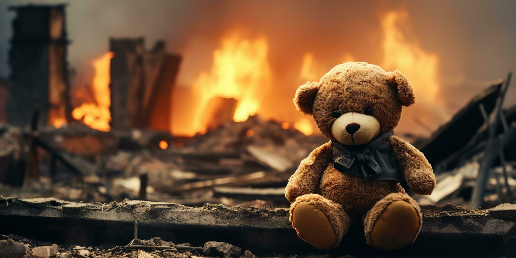 ai gerado crianças Urso de pelúcia Urso brinquedo sobre cidade queimado destruição do a conseqüência guerra conflito foto