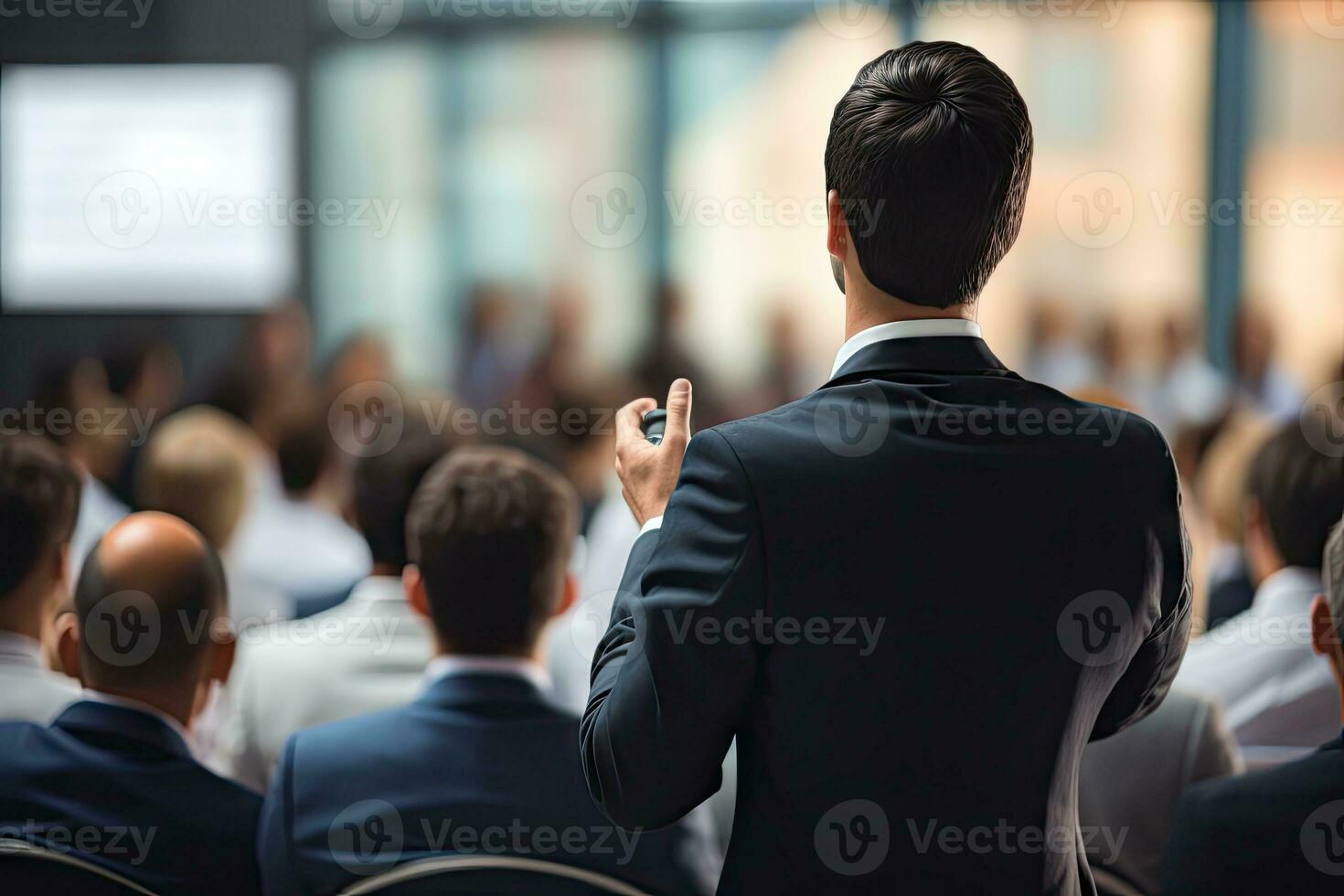 ai gerado costas Visão do a apresentando o negócio homem frente do pessoas.por generativo ai. foto