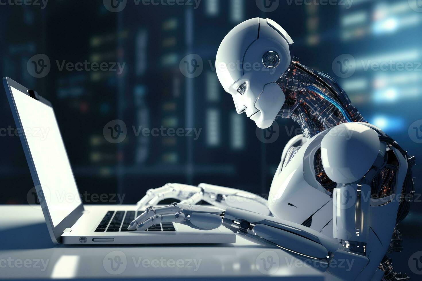 ai gerado robô sentado às escrivaninha com computador portátil computador dentro frente do ele. de generativo ai. foto