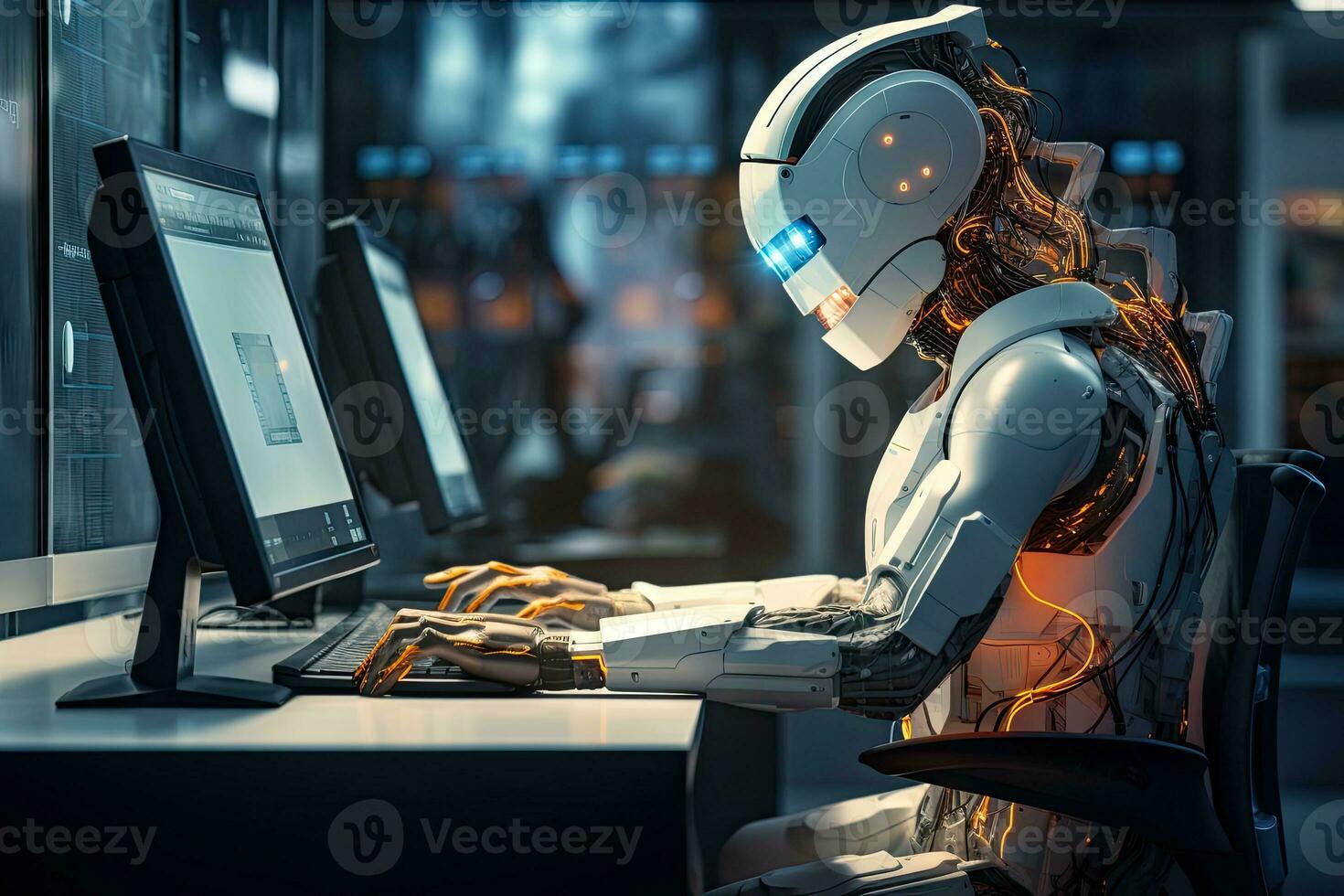 ai gerado robô sentado às escrivaninha com computador portátil computador dentro frente do ele. de generativo ai. foto