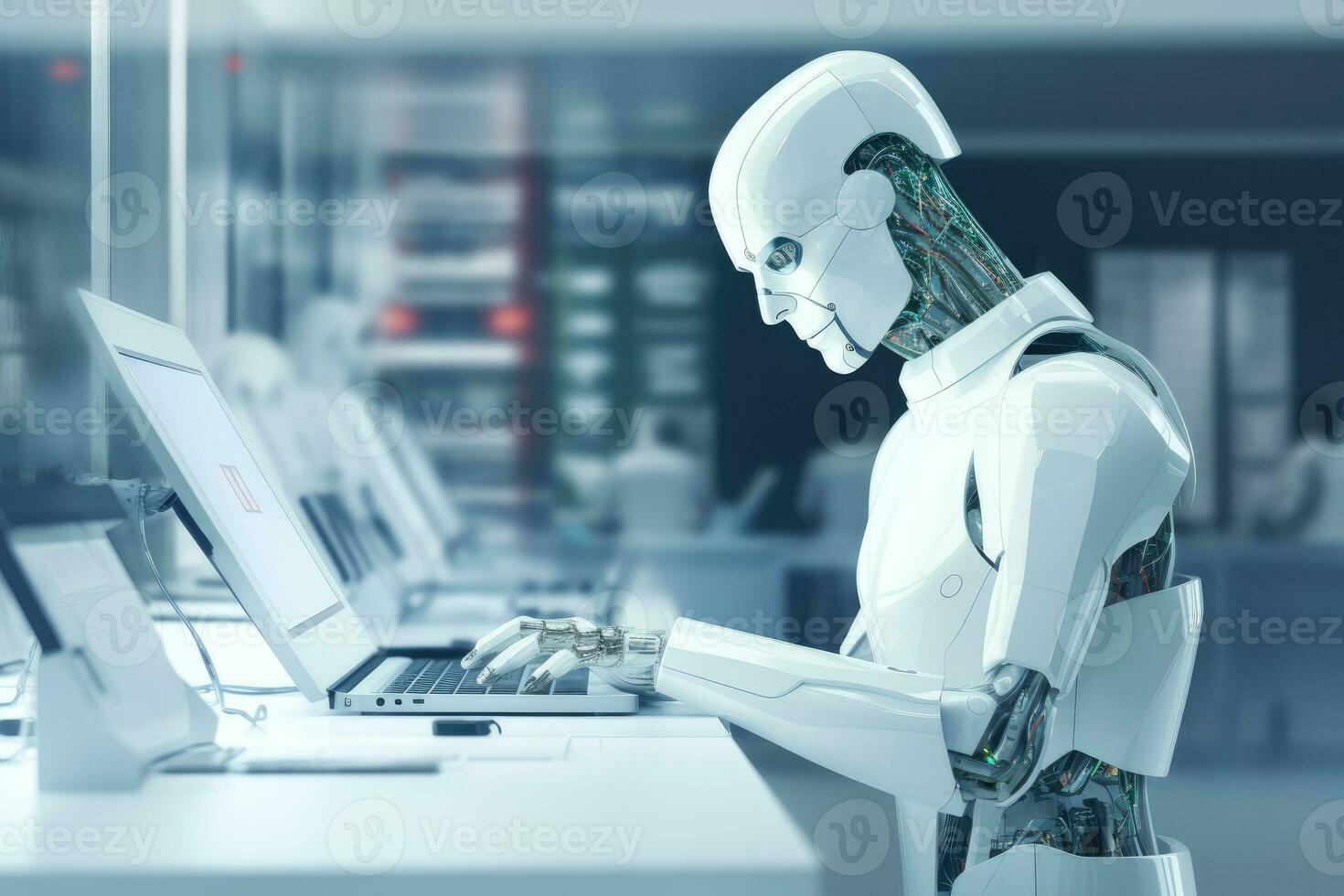 ai gerado robô sentado às escrivaninha com computador portátil computador dentro frente do ele. de generativo ai. foto