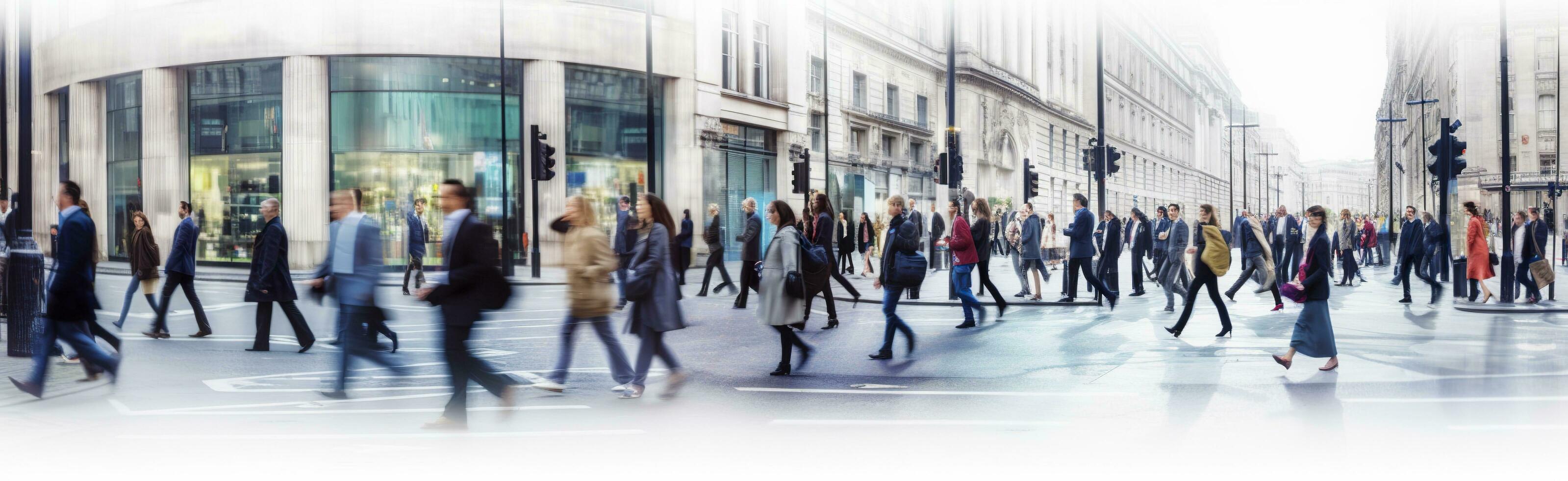 ai gerado caminhando pessoas borrão. grande quantidade do pessoas andar dentro a cidade do Londres. Largo panorâmico Visão do pessoas cruzando a estrada. ai gerado foto