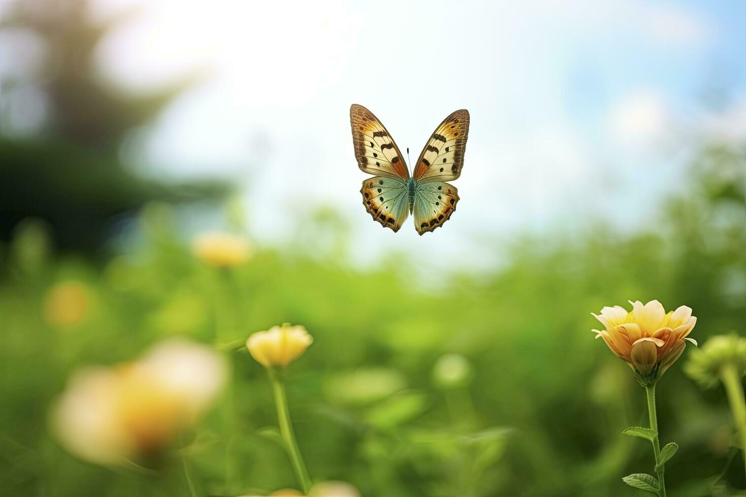 ai gerado borboleta vôo sobre a Prado. ai gerado foto