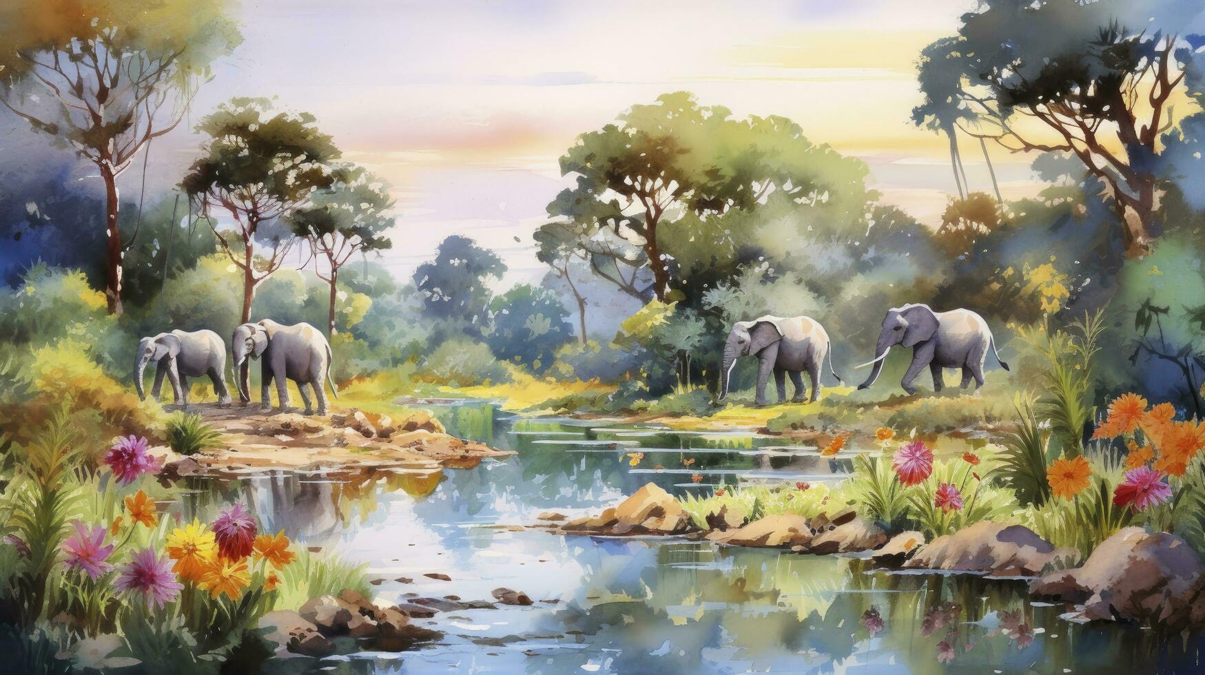 ai gerado aguarela pintura estilo, panorama em a africano tropical selva com árvores Próximo para uma rio com girafas, elefantes e pássaros, dentro coordenando cores foto