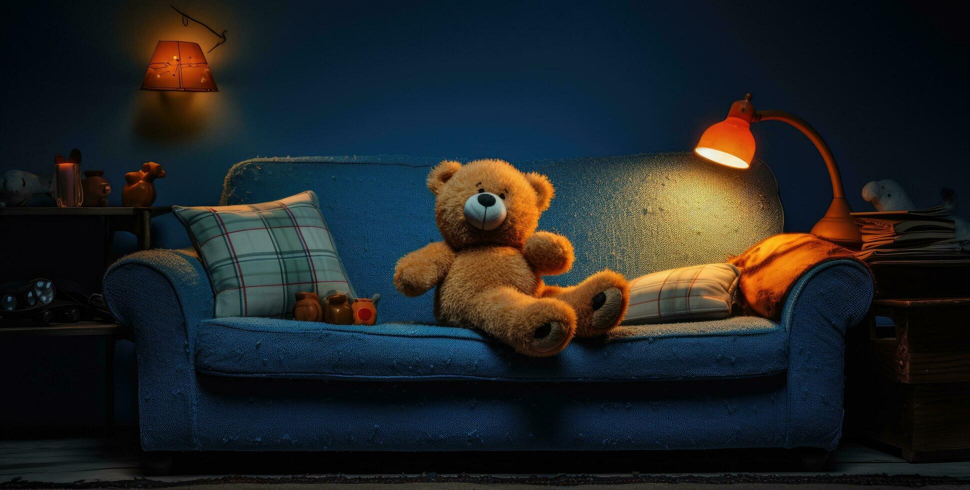 ai gerado uma Urso é sentado em uma azul sofá dentro uma quarto foto