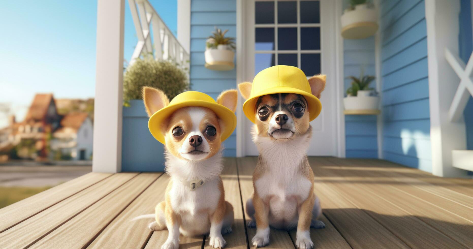 ai gerado dois chihuahua animais estão vestindo chapéus em a frente varanda foto