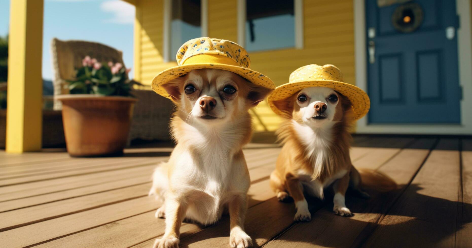 ai gerado dois chihuahua animais estão vestindo chapéus em a frente varanda foto