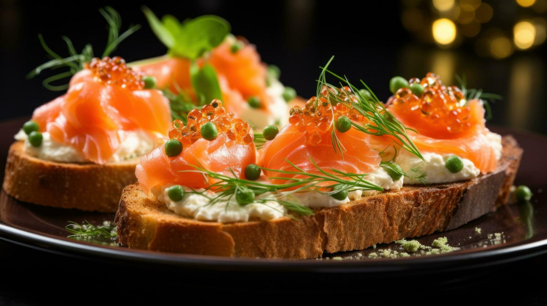 ai gerado torrado brioche aperitivos com salmão e creme queijo guarnição, enfeite, adorno foto