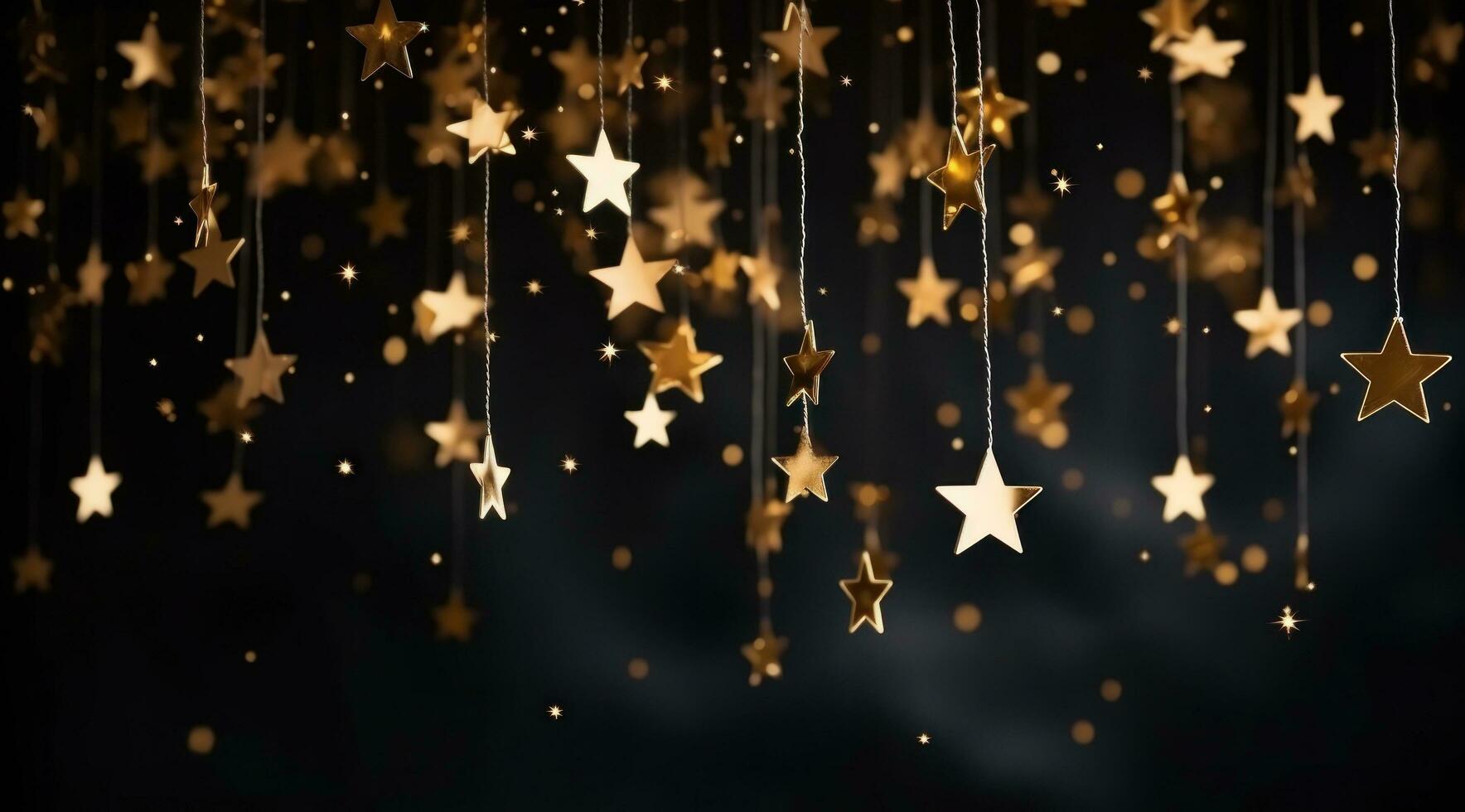 ai gerado ouro estrelas decoração a Sombrio fundo com espumante luzes foto