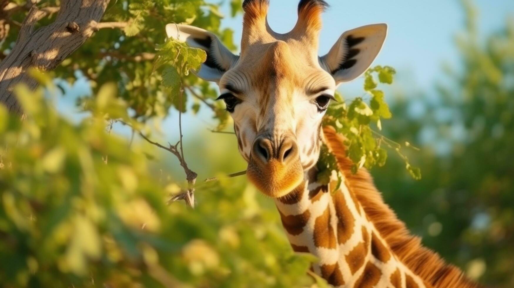 ai gerado fofa girafa come folhas a partir de árvore em África foto
