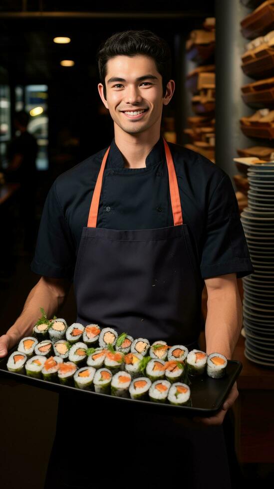 ai gerado bonito chefe de cozinha segurando uma bandeja do belas trabalhada Sushi rolos foto