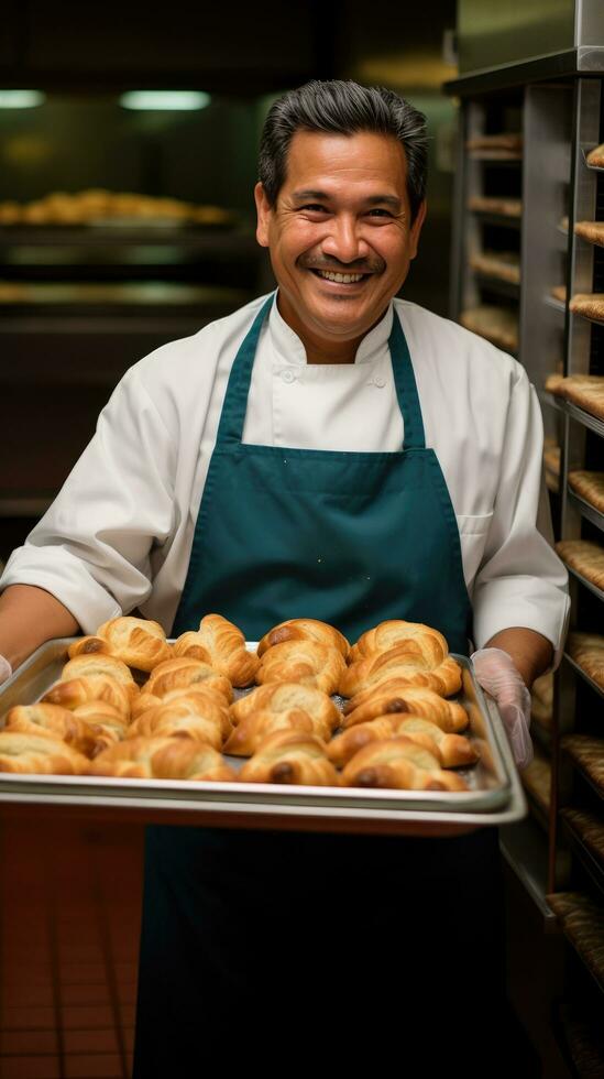 ai gerado uma sorridente chefe de cozinha segurando uma bandeja do recentemente cozido croissants foto
