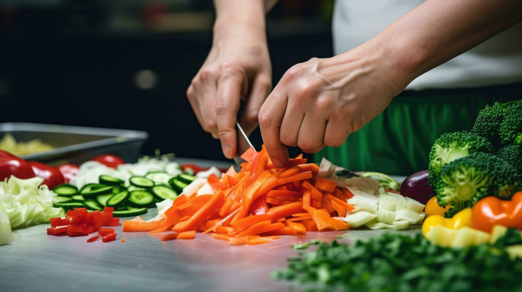 ai gerado uma fechar-se tiro do uma chef mãos Como ele habilmente cortes legumes com uma afiado faca foto