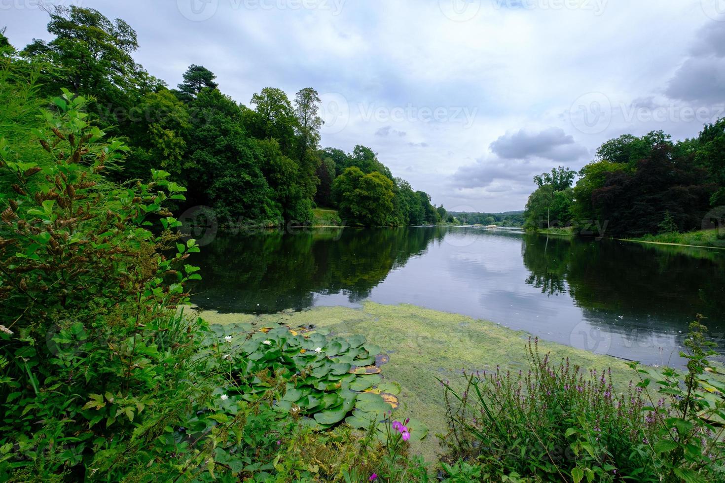 bela paisagem de folhagens de árvores e viveiro de peixes na área de harewood house trust em west yorkshire no reino unido foto