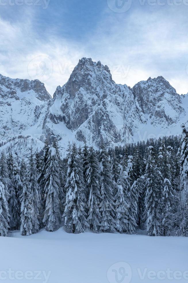 após a queda de neve. últimas luzes do crepúsculo em sappada. magia das dolomitas foto