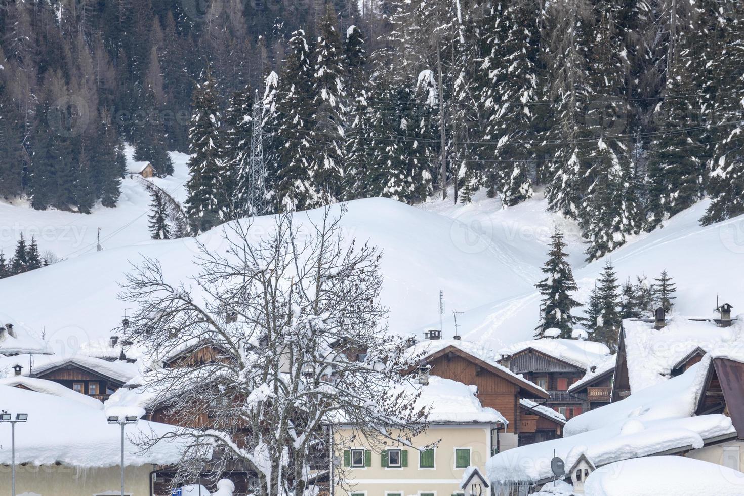 após a queda de neve. últimas luzes do crepúsculo em sappada. magia das dolomitas foto