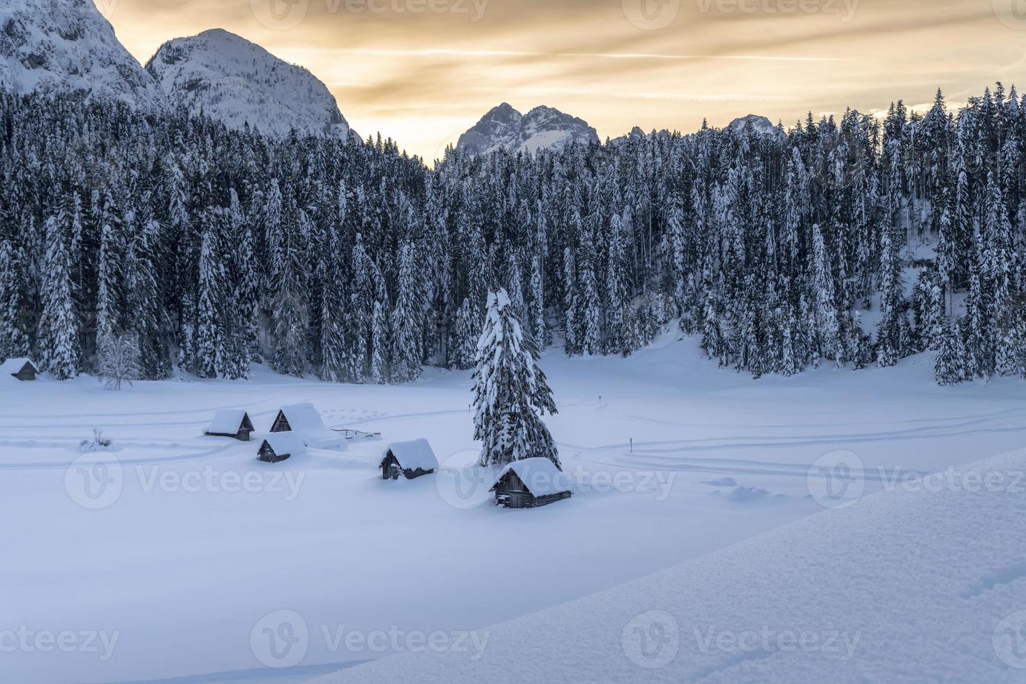 após a queda de neve. últimas luzes do crepúsculo em sappada. magia das dolomitas foto