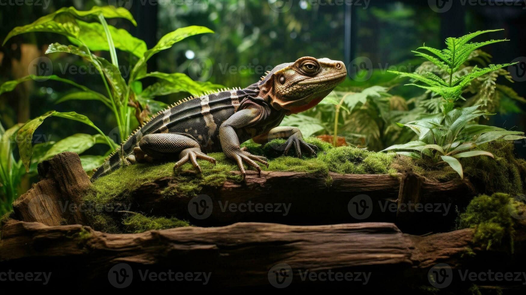 ai gerado uma lagarto sentado em uma de madeira superfície foto