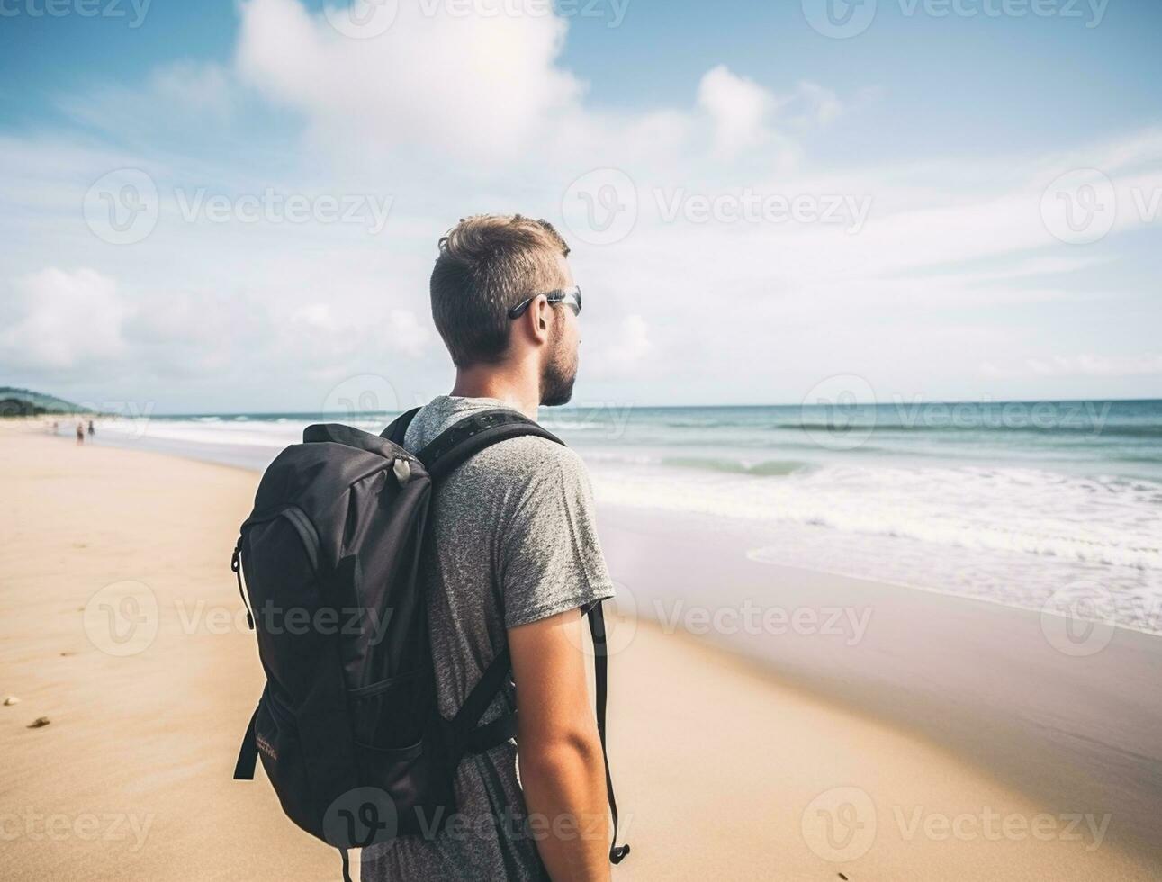 ai gerado uma fotografia do viajante ou mochileiro dentro a de praia com uma muitos estilo e muitos ângulo foto