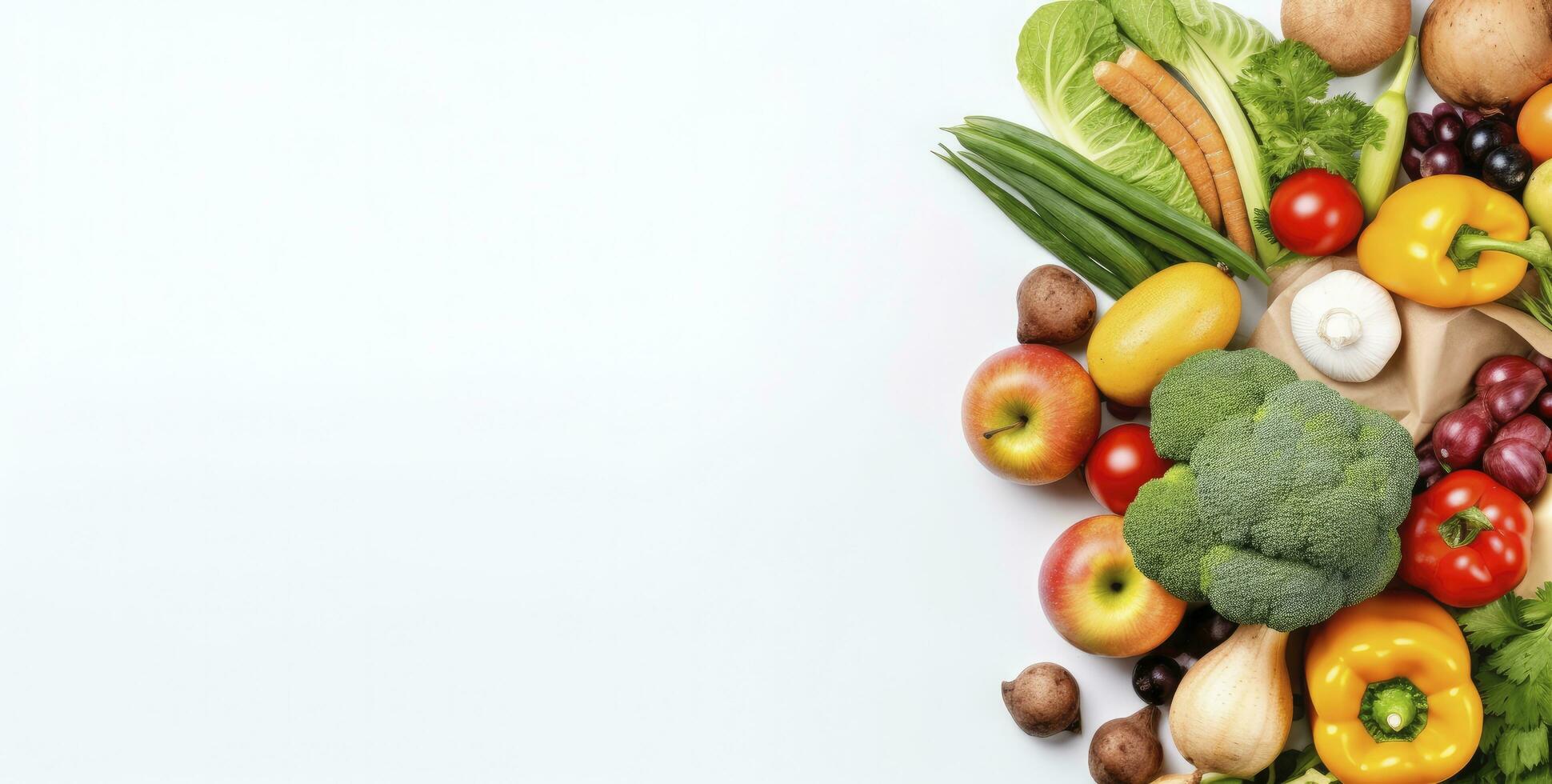 ai gerado saudável Comida dentro papel saco legumes e frutas em branco fundo. ai gerado foto