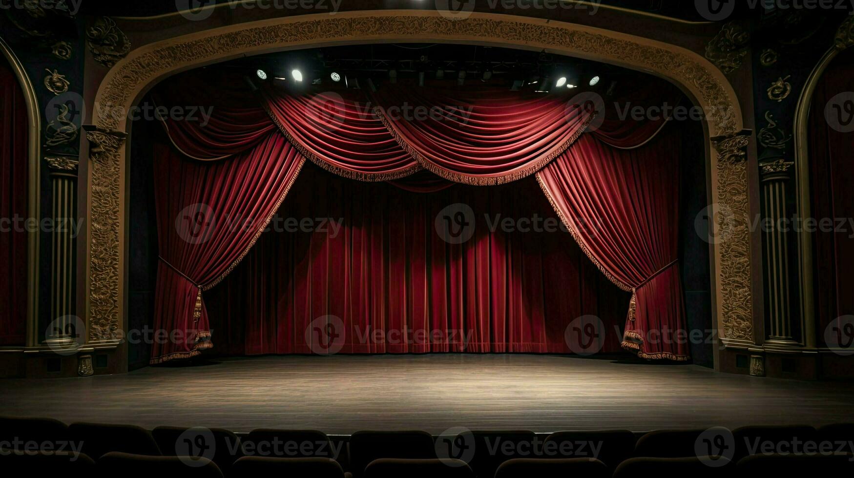 ai gerado teatro estágio. fundo com cópia de espaço. cultural lazer e evento. vermelho cortinas e interior. foto