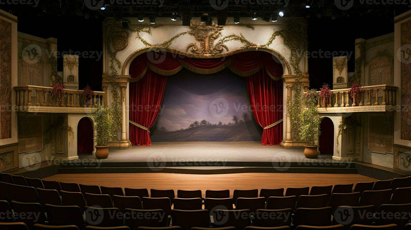 ai gerado teatro estágio. fundo com cópia de espaço. cultural lazer e evento. vermelho cortinas e interior. foto