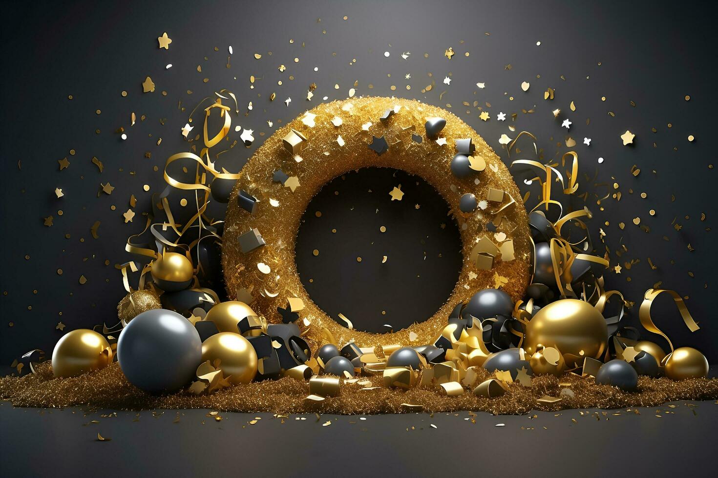 ai gerado feliz Novo ano fundo com dourado estrelas e fitas, Preto gradiente fundo foto