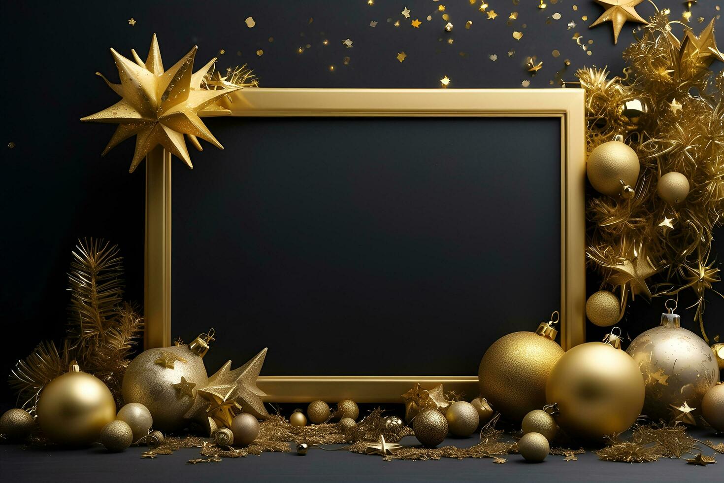 ai gerado feliz Novo ano cumprimento com dourado estrelas e decorações foto