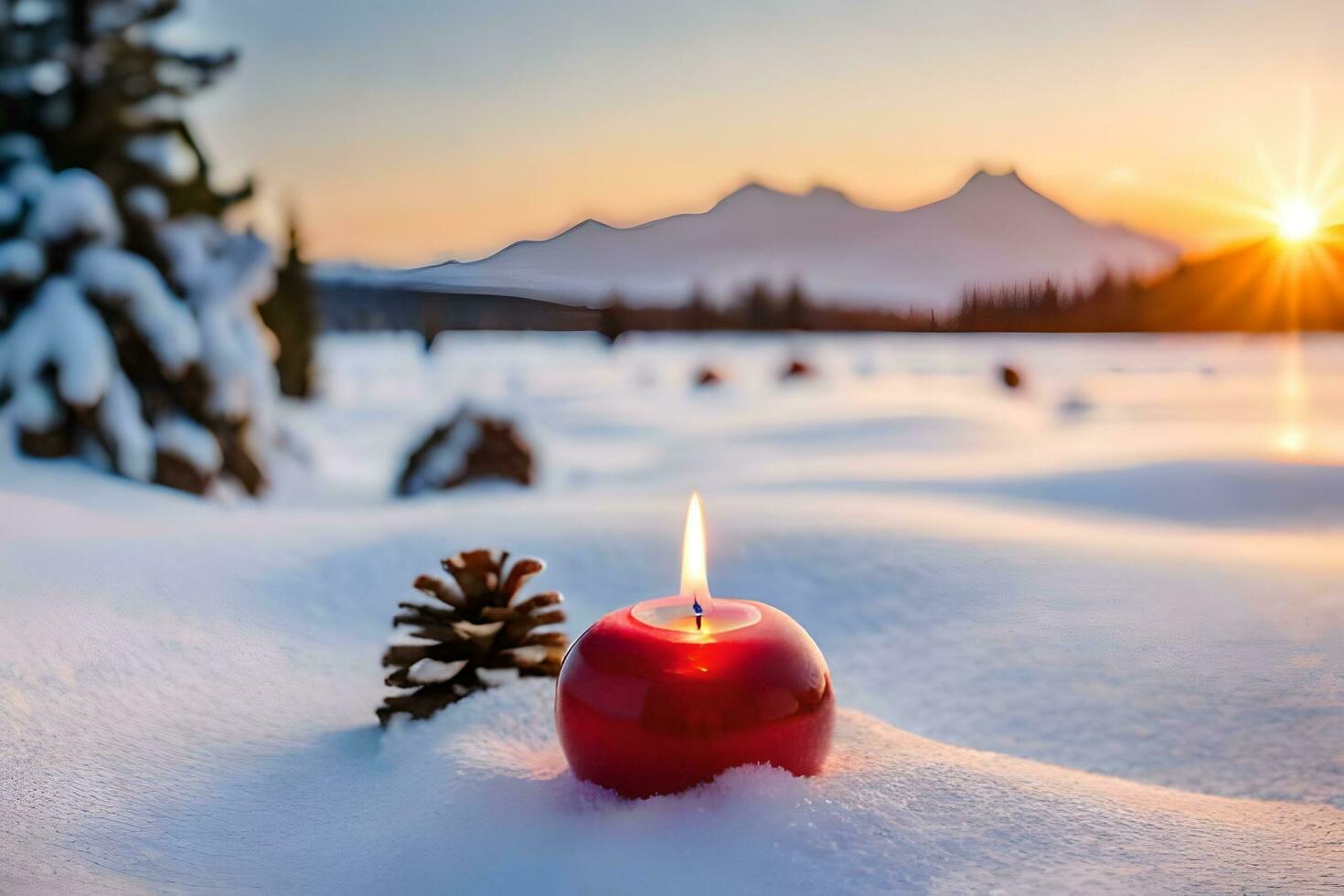 ai gerado três pinho cones com velas dentro a neve foto