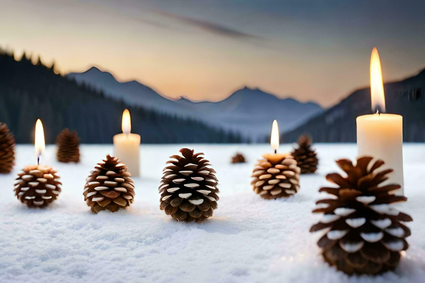 ai gerado uma vela é aceso dentro a neve com pinho cones foto