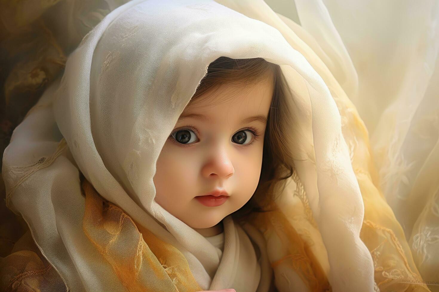ai gerado fofa pequeno menina com azul olhos dentro uma branco xaile, adorável pequeno bebê retrato, fofa bebê menina interior, ai gerado foto