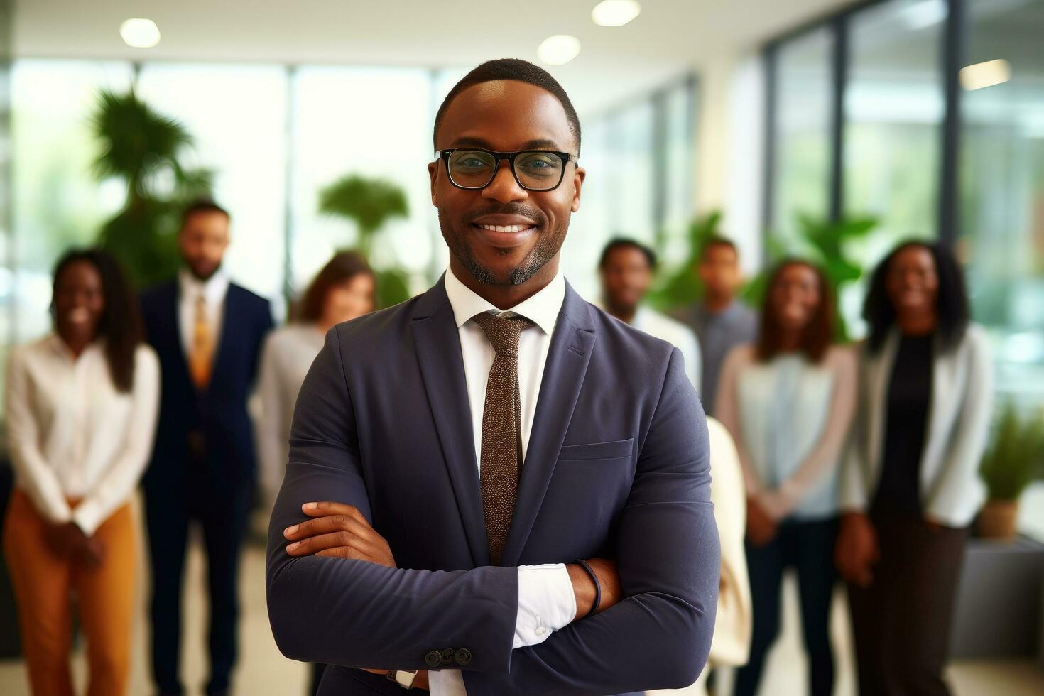 ai gerado retrato do uma sorridente africano americano homem de negocios com dele equipe dentro a fundo, africano americano homem de negocios patrão com grupo do o negócio pessoas dentro criativo escritório, ai gerado foto